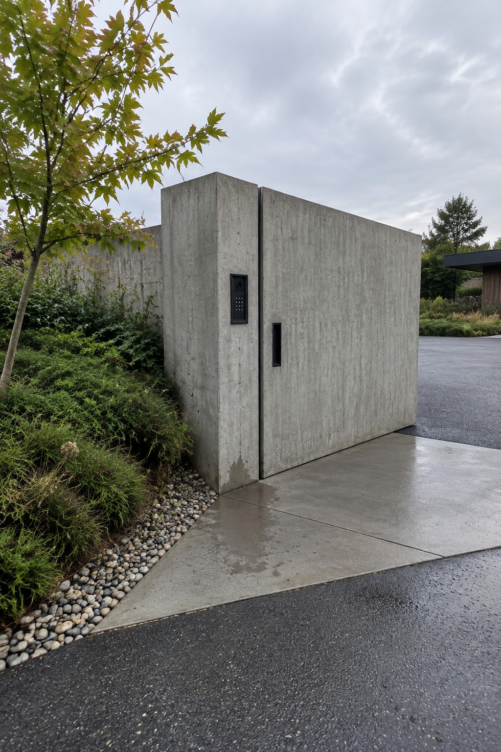 A tall gray concrete driveway gate with a black intercom panel and vertical handle, set beside a gravel bed and green shrubs.