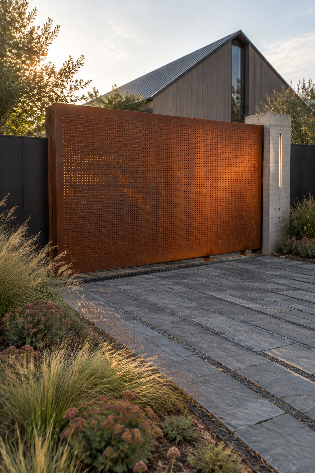 Rusted perforated metal gate beside lit concrete pillar and modern wooden house