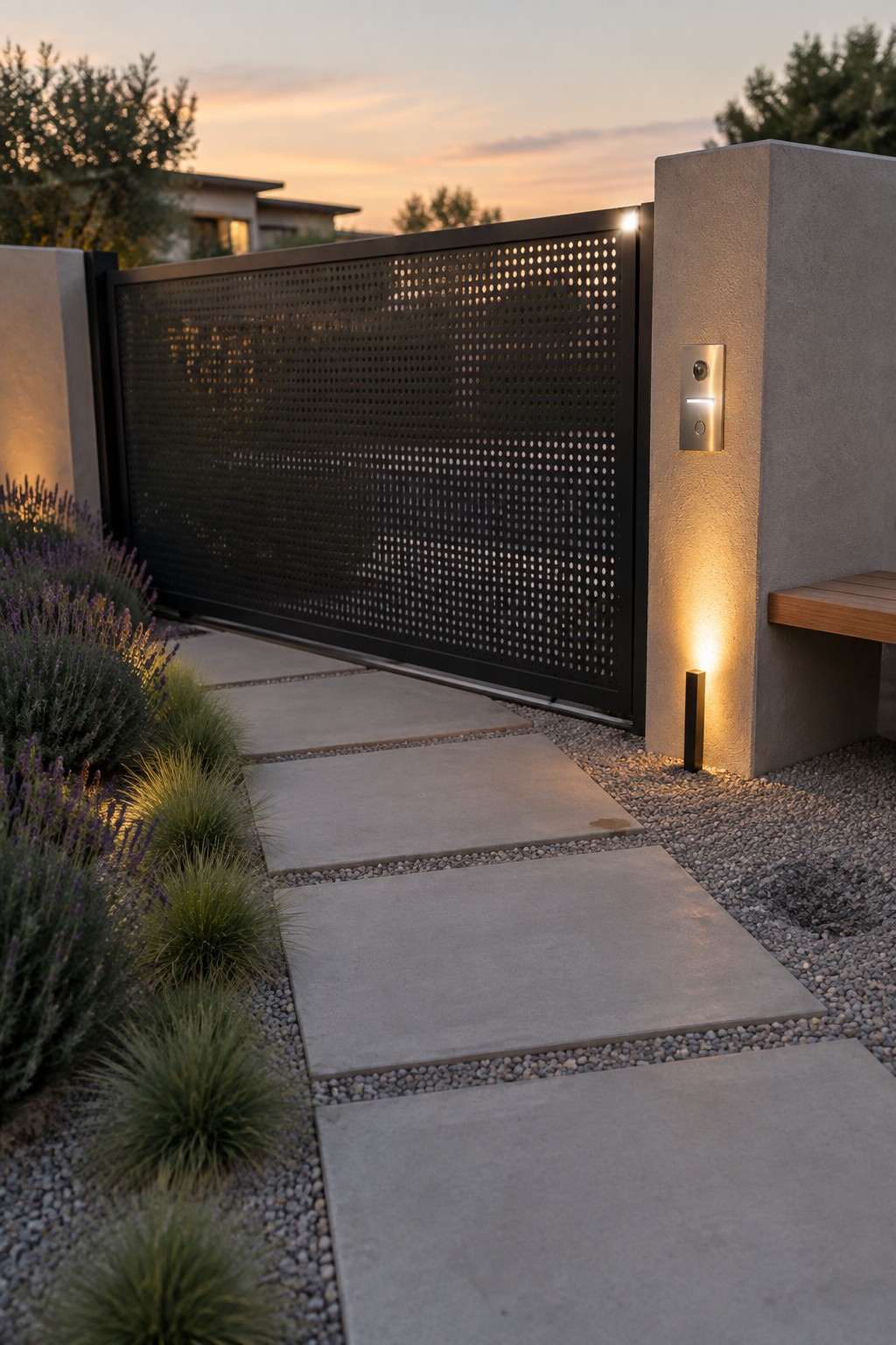 Modern black perforated gate along lit concrete paver path at sunset