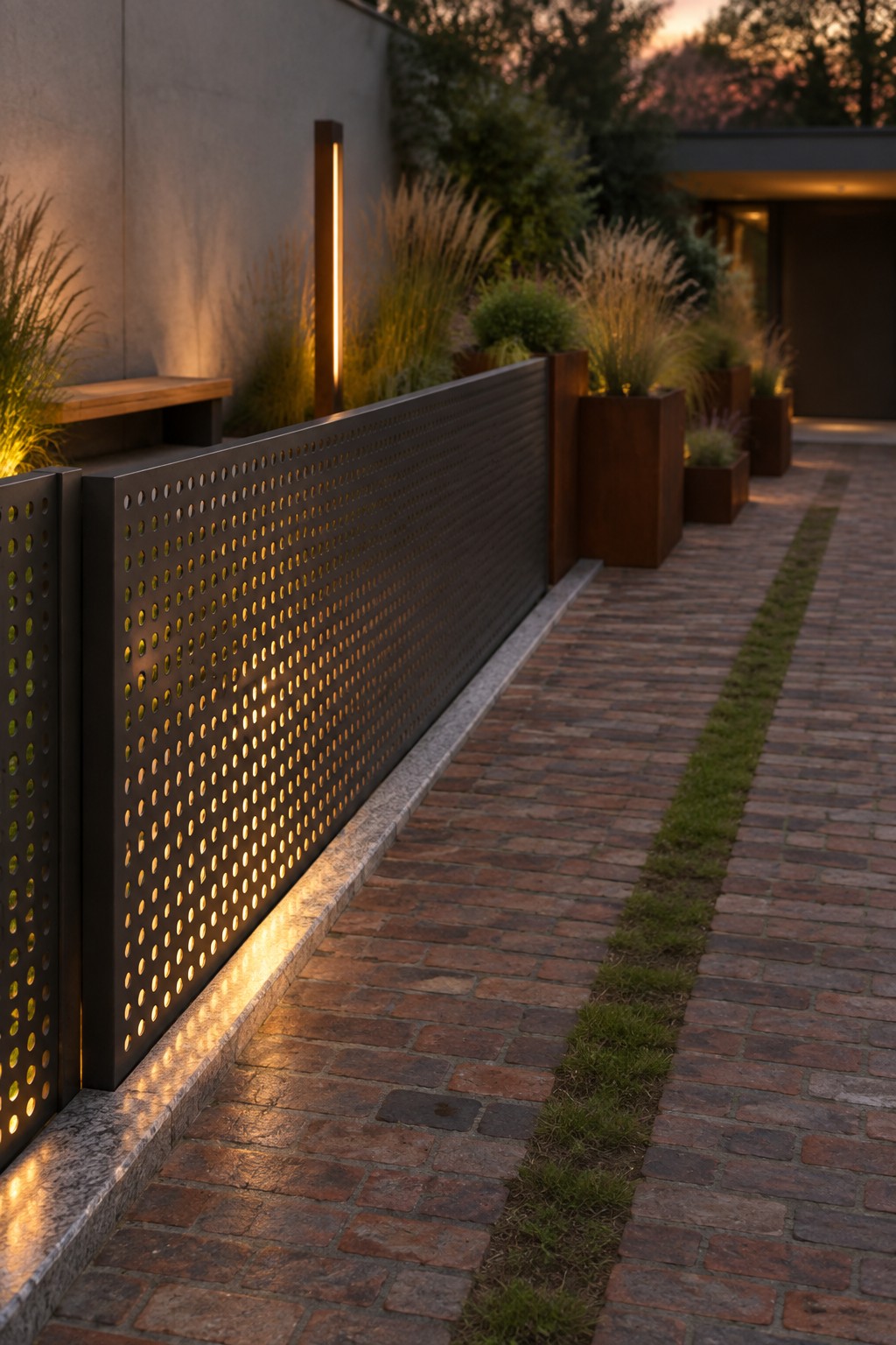 A long perforated metal screen with circular holes runs along a brick path, lit from below, with rectangular planters and ornamental grasses beside a modern building.