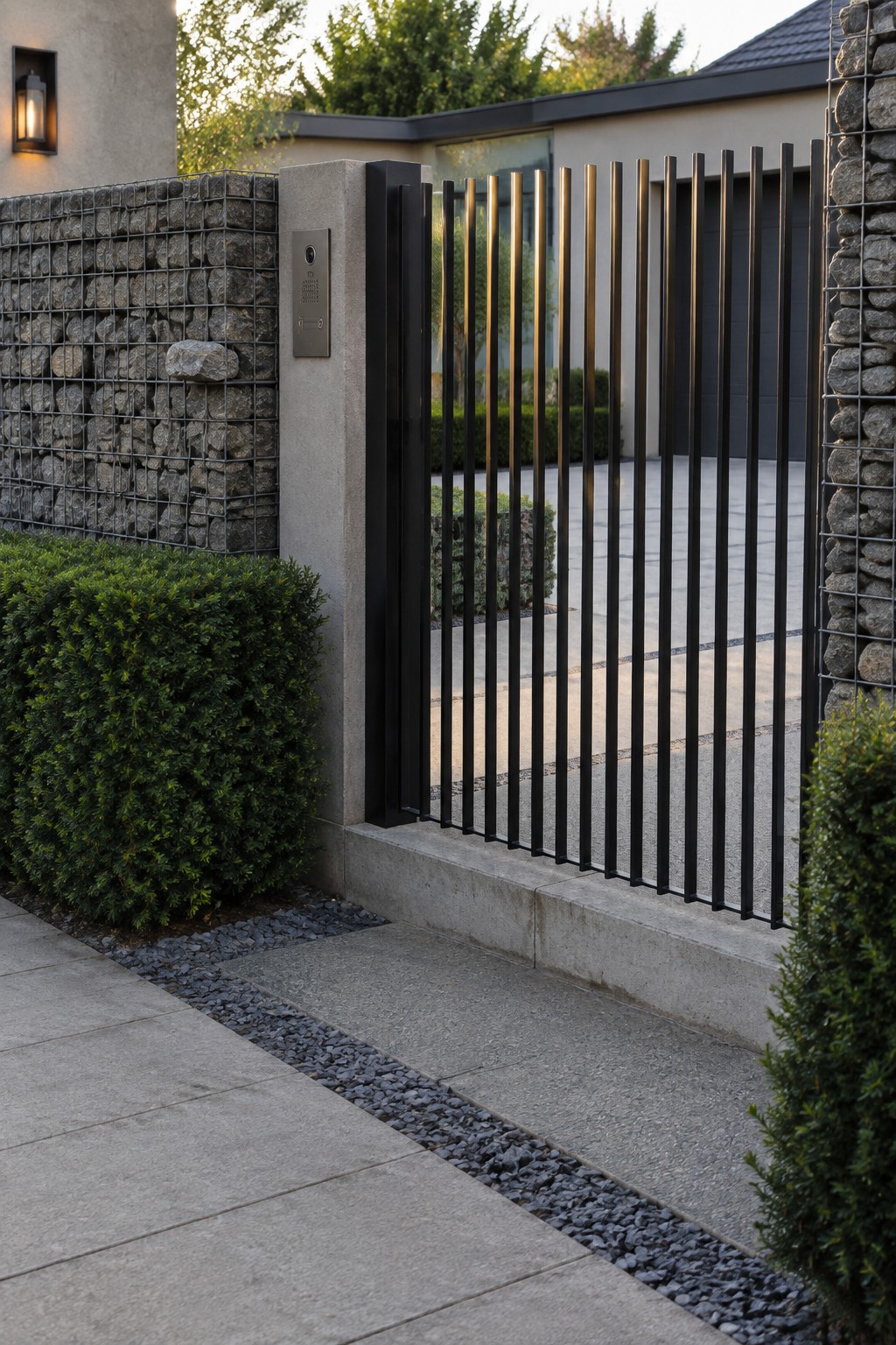 A black metal driveway gate with vertical bars between gabion stone walls and concrete pillars, with green hedges and part of a modern house in the background.