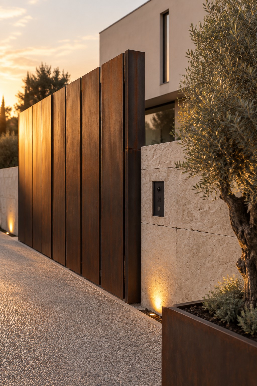 A modern driveway entrance with a vertical rusted metal gate beside a light stone wall that holds a black intercom panel, a gravel driveway in front, and part of a contemporary house visible behind.