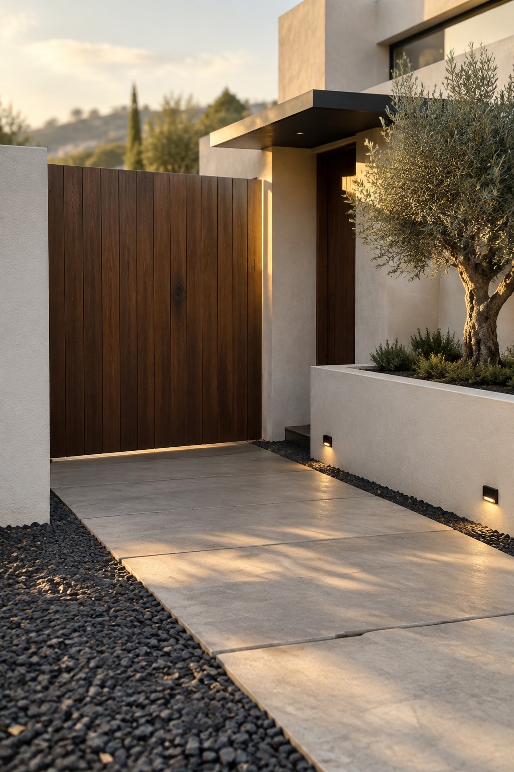 A modern minimalist house entrance with a tall dark vertical wood slat gate, concrete driveway slabs bordered by gravel, and an olive tree in a low white planter.
