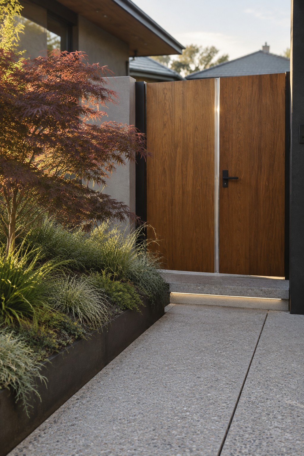A pair of tall wooden driveway gates with vertical grain and a thin vertical metal strip between them, set beside a concrete planter filled with grasses and a red Japanese maple, with a lit concrete step in front.