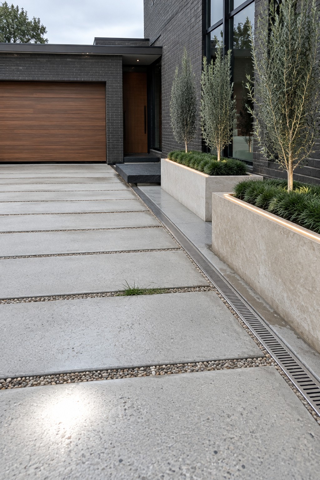 Modern concrete driveway with pebble strips, linear drain, and lit planters