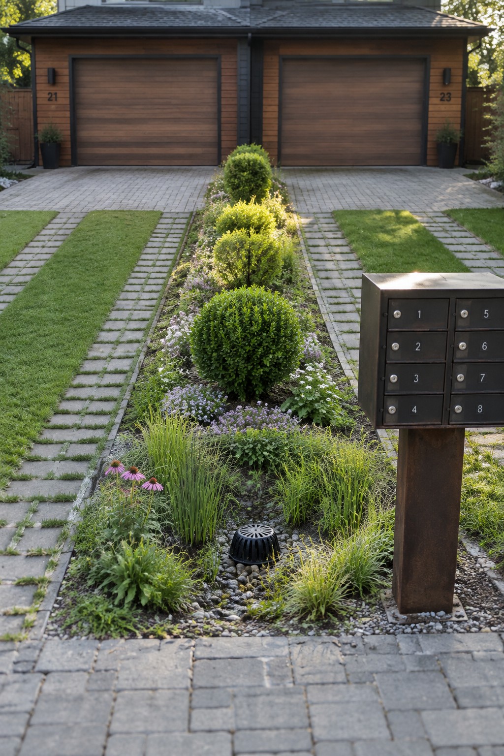 Modern garages with central garden bed, flowers, drainage grate and multi-unit mailbox