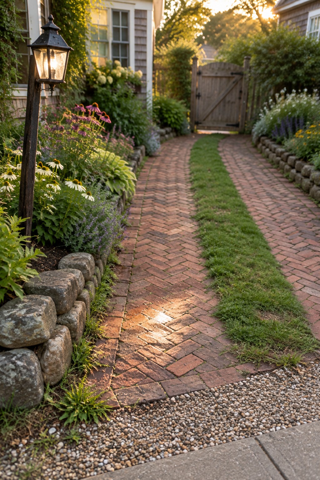 A herringbone brick path with a central grass strip runs between flower beds, stone borders, and gravel, leading toward a wooden gate.