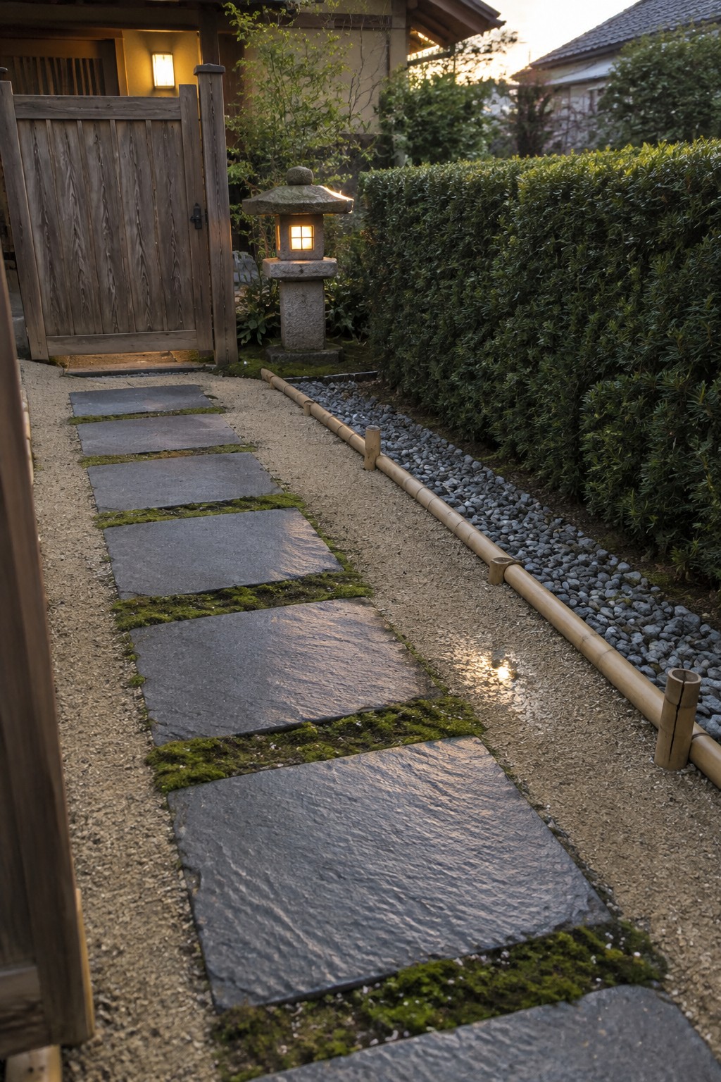 Japanese garden path of mossy stepping stones beside glowing lantern, wooden gate, and bamboo fence.