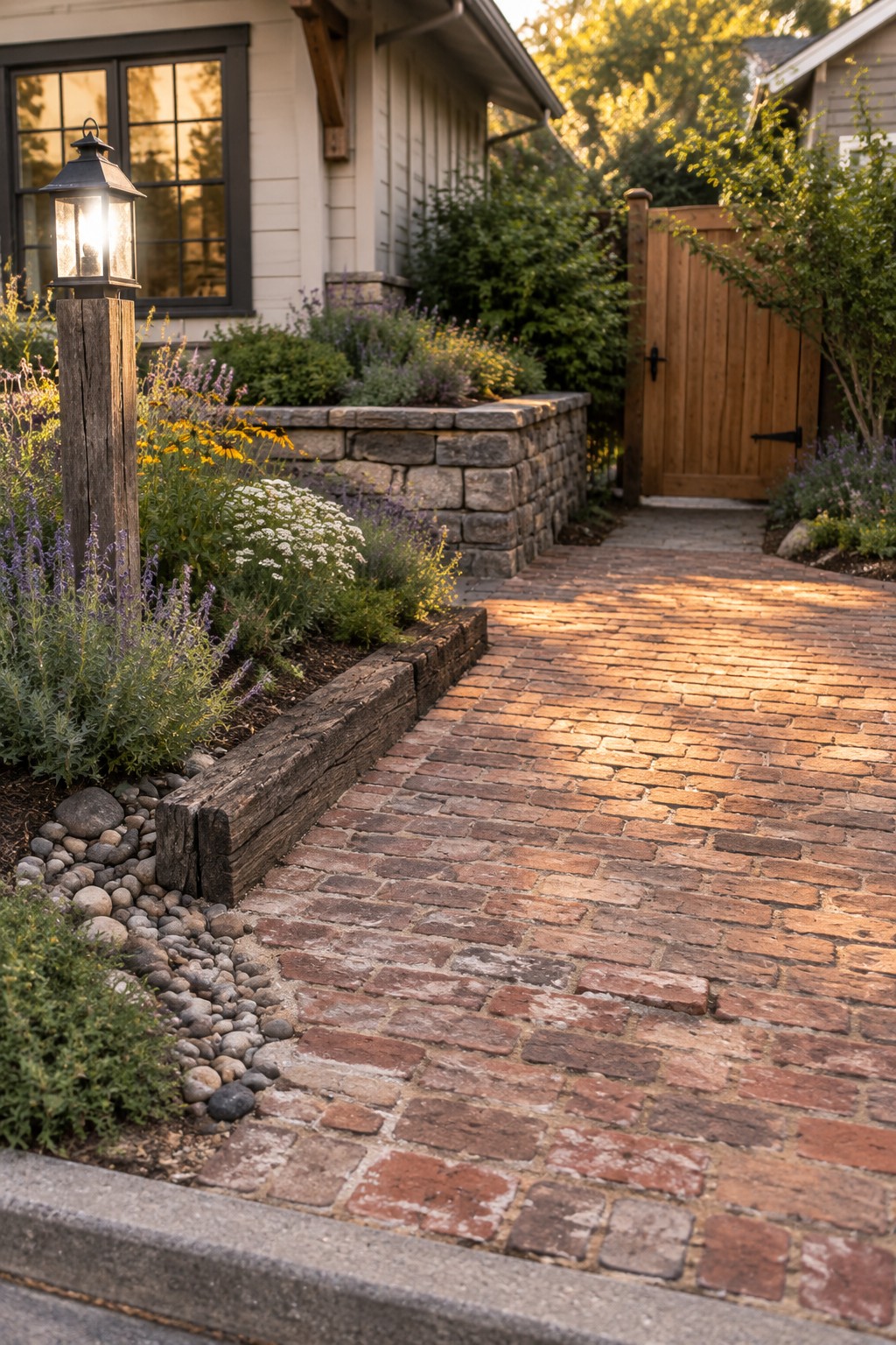 A brick paved path bordered by wooden timber edging runs beside a house with garden beds, a lit lantern on a post, and a wooden gate in the background.