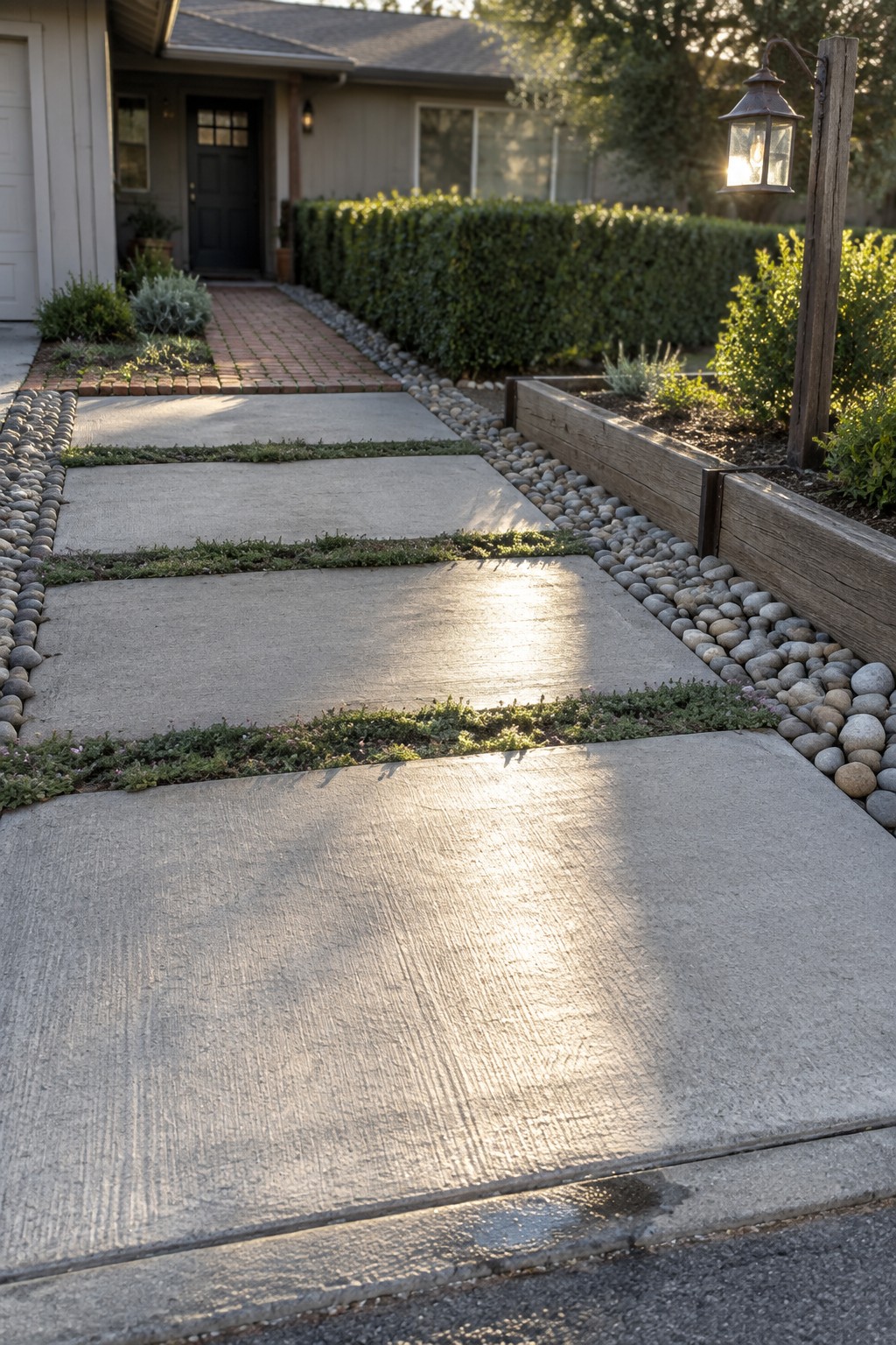 A concrete pathway made of large rectangular slabs bordered by pebbles and low ground cover leads toward a house entrance with a wooden raised bed on the right.