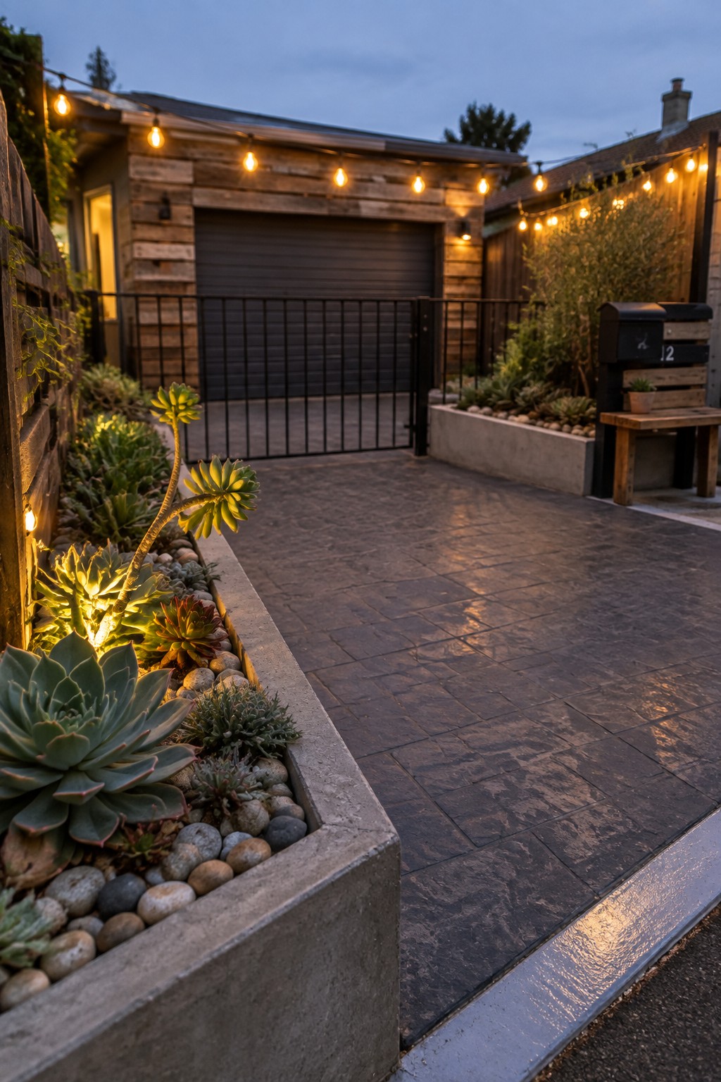 Concrete planter with succulents beside string-lit driveway and wooden garage at dusk