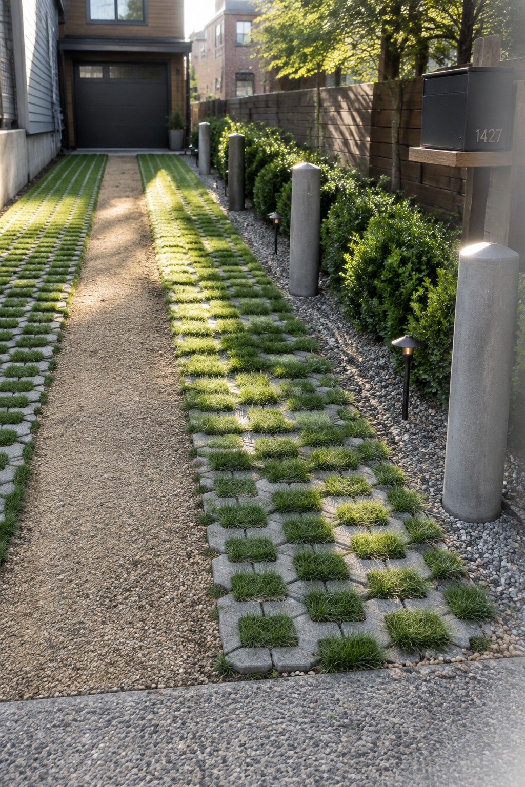 A narrow residential driveway with parallel strips of grass-filled concrete pavers bordered by gravel, concrete bollards, and shrubs along a wooden fence.