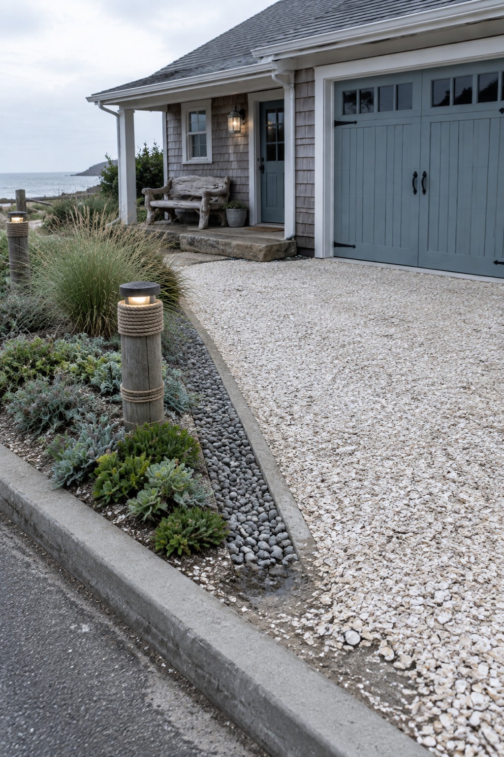 A gravel driveway bordered by a curved bed of low green plants and wooden posts with lights, next to a house with a blue garage door.