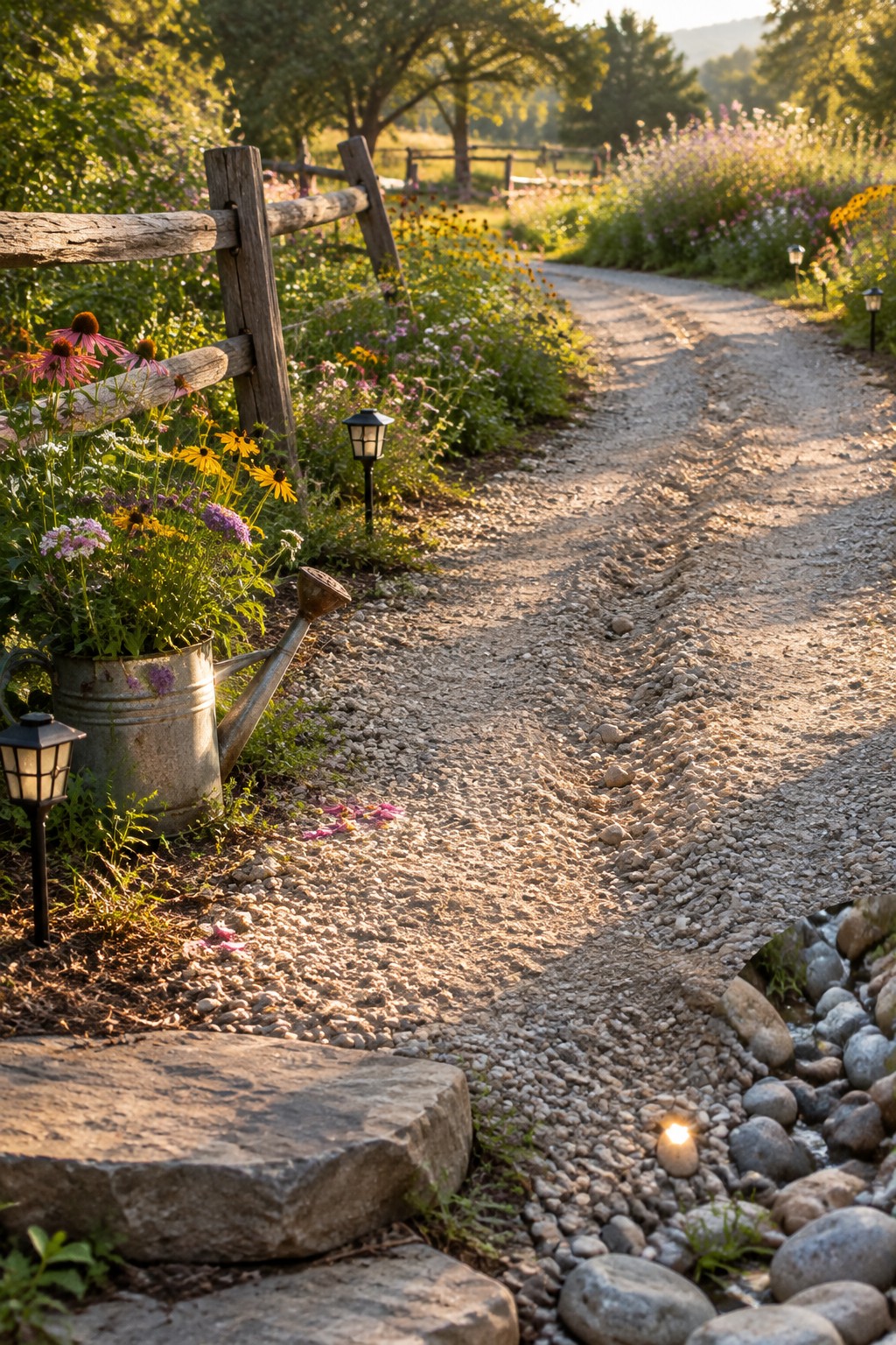 Curving gravel path winds past wildflowers, lanterns, fence, and stepping stones at dusk.