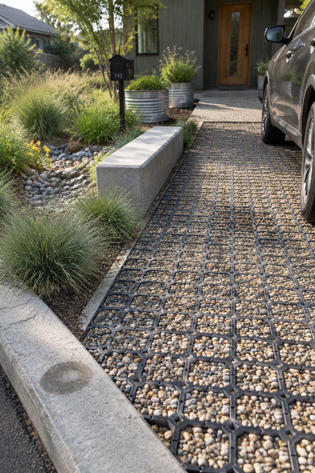 A narrow driveway path covered in black grid pavers filled with small pebbles, running alongside a landscaped garden bed with a concrete bench.