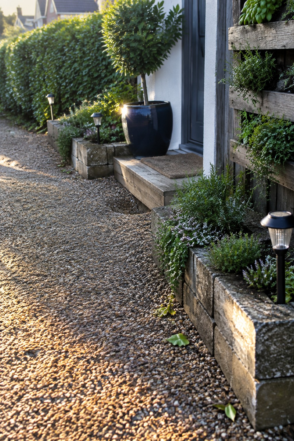 Gravel path beside stone planters, potted tree, solar lights, and wooden door