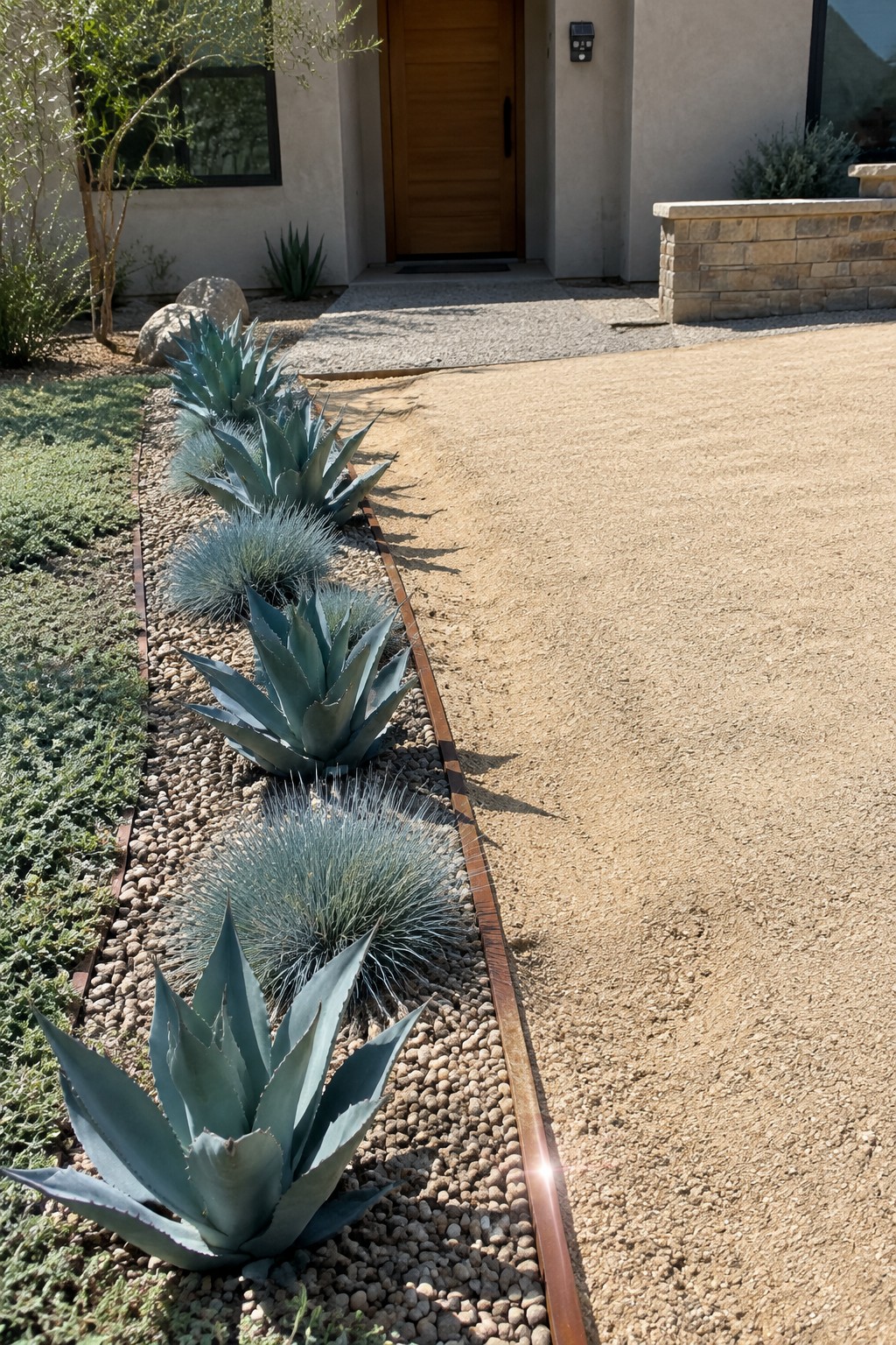 Agave succulents and blue grasses line a gravel driveway by a modern house.
