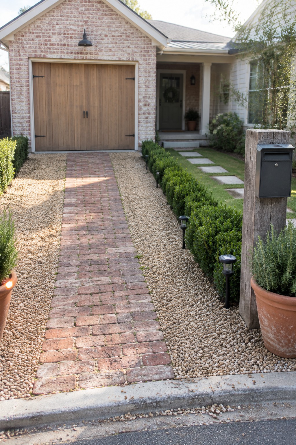 Brick house with wooden garage, brick path, gravel beds, shrubs, and mailbox post