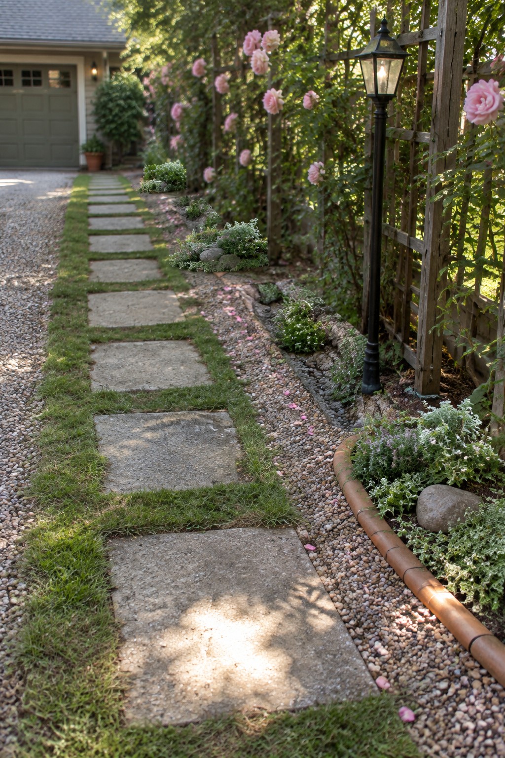 A straight path of rectangular concrete pavers set into a strip of grass, bordered by gravel and garden beds on one side.