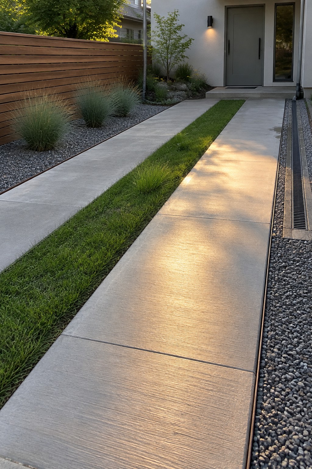A long concrete walkway with a narrow strip of grass running down the center, flanked by gravel beds and leading toward a house entrance.
