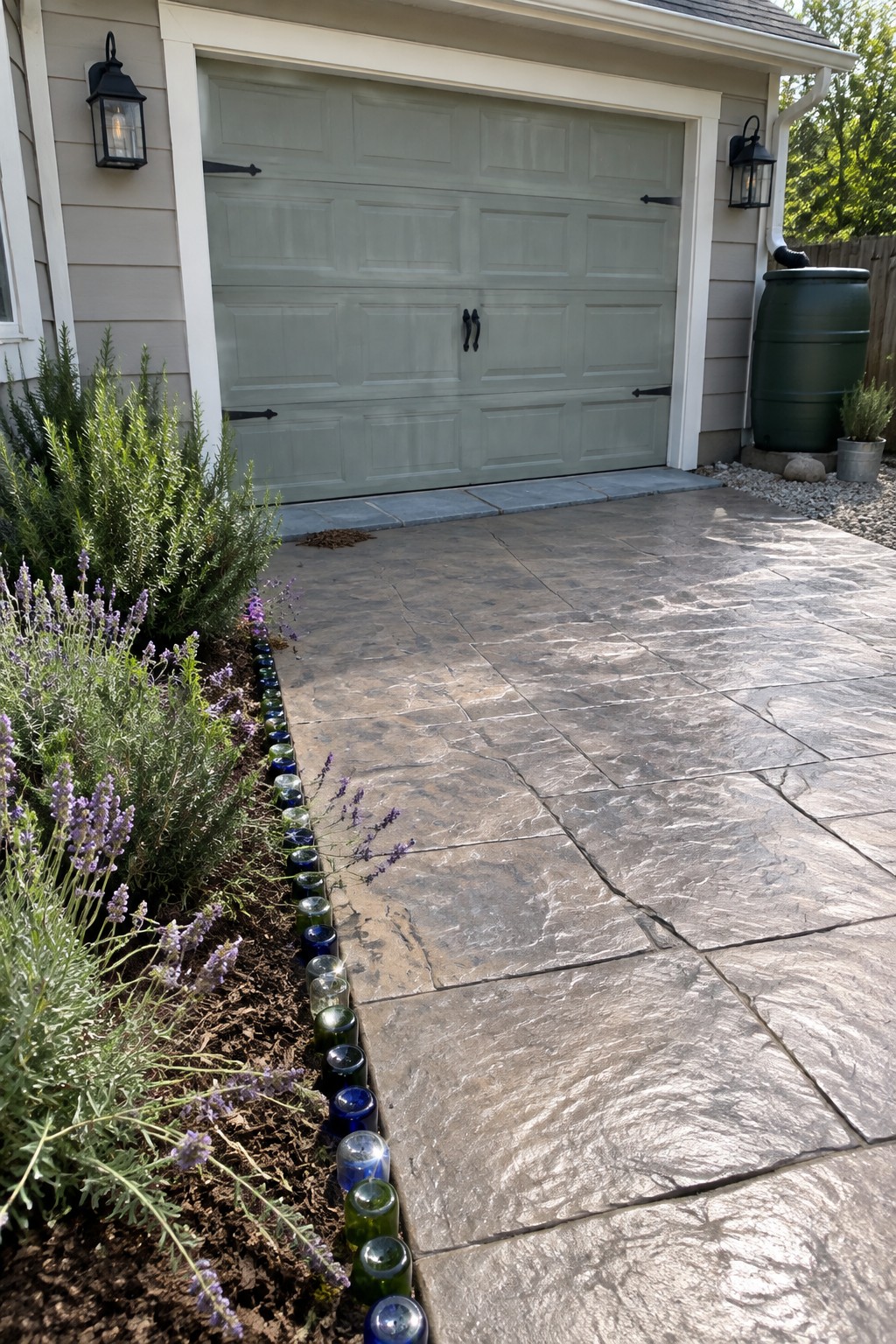 Green garage door beside stamped concrete driveway lined with colorful glass bottles and lavender.