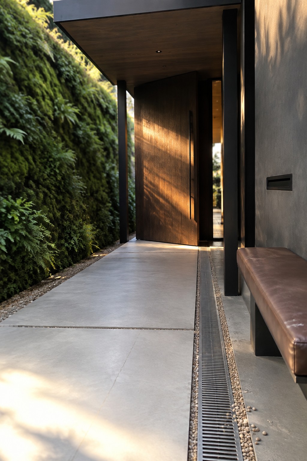 A modern narrow side entry with concrete pavers, a long linear metal drain grate, a brown bench on the right, and a dense green wall on the left.