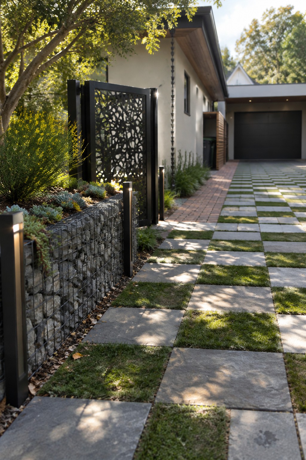 A modern house side driveway featuring a checkerboard pattern of gray stone pavers alternating with squares of grass, bordered by a gabion retaining wall with plants and a decorative black metal gate.