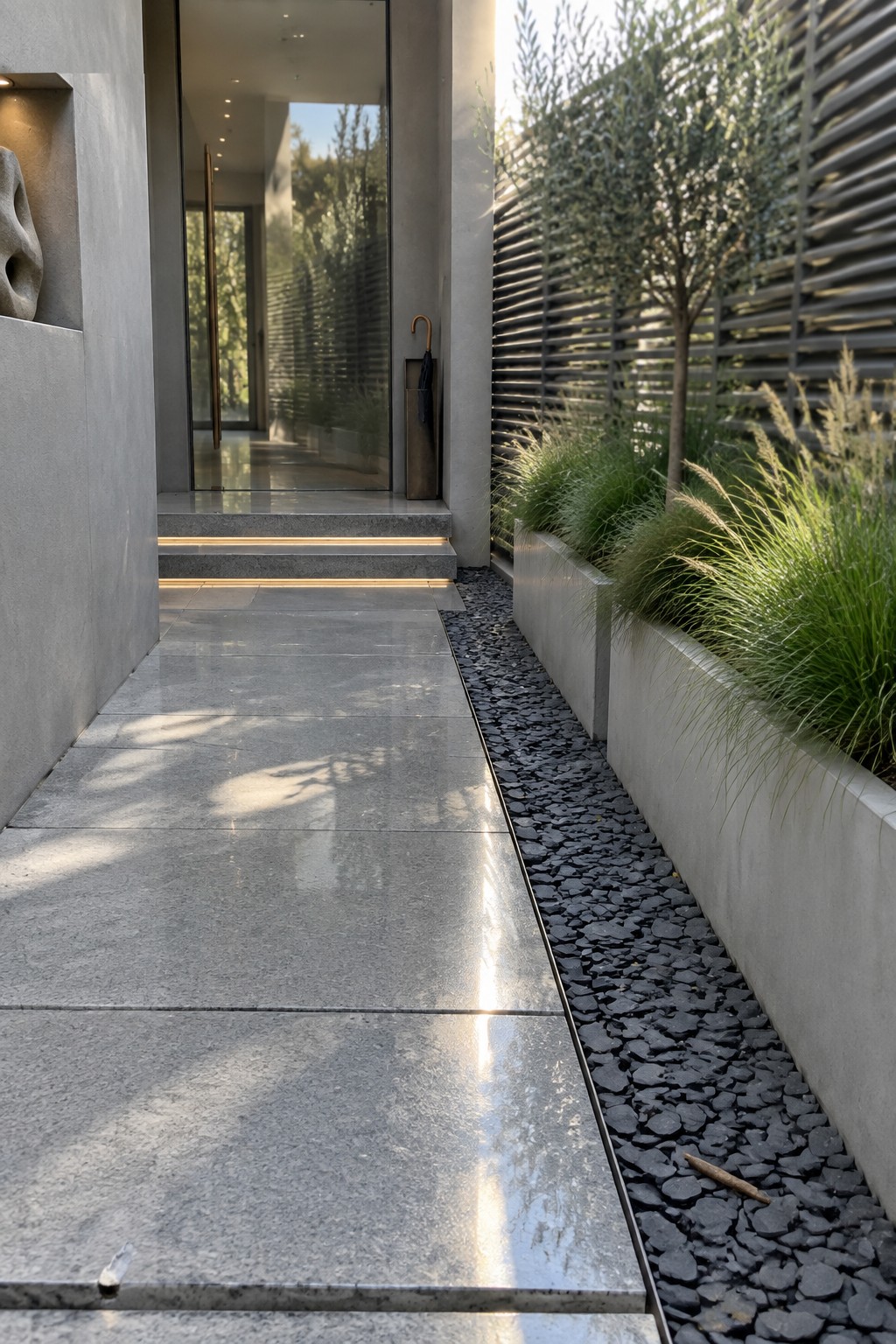 A modern side walkway of large gray stone pavers runs beside a narrow strip of dark gravel and concrete planters holding tall grasses and trees.