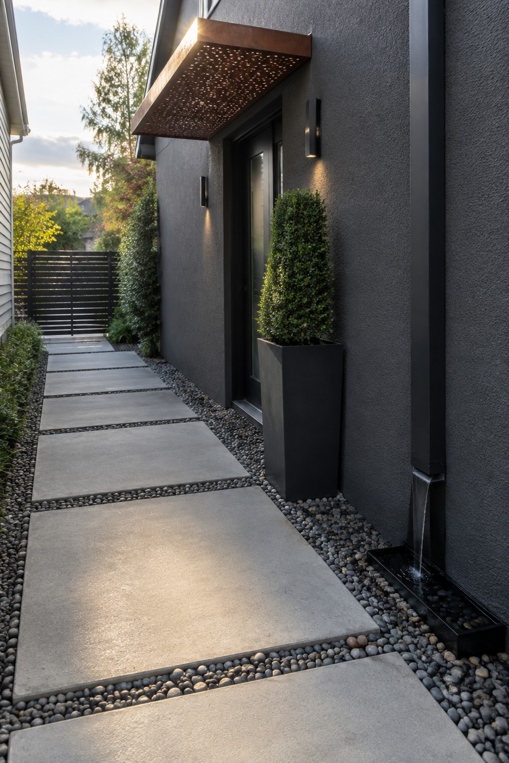 A side view of a modern dark gray house showing a walkway of large rectangular concrete pavers with dark gravel between them, a tall black planter with a shrub, wall lights, and a small water feature along the wall.