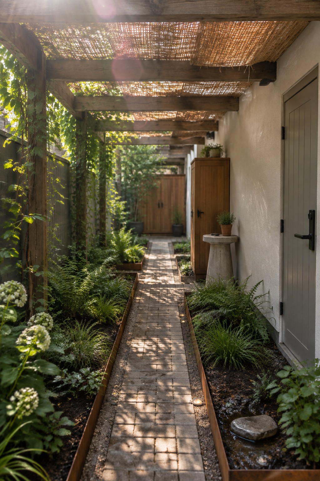 A narrow brick pathway runs between garden beds and a house wall beneath a wooden pergola covered with woven reed shade.