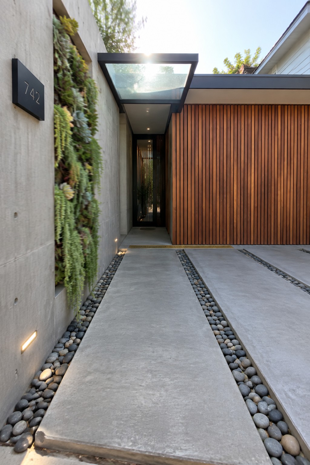 A narrow modern side entry with two long concrete pavers flanked by strips of gray river pebbles and a vertical succulent garden on the left concrete wall.