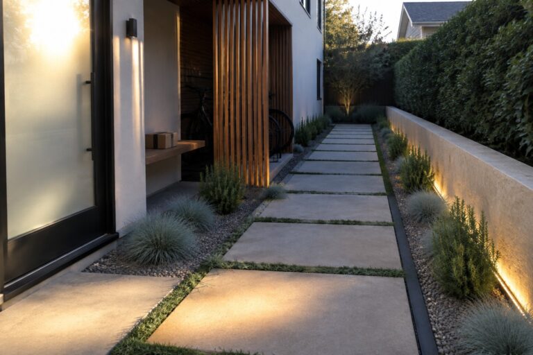 17 Clever Side Driveway Ideas for Modern Homes With Narrow Frontages Modern concrete paver path beside house with wood slats, plants, and bicycles at dusk