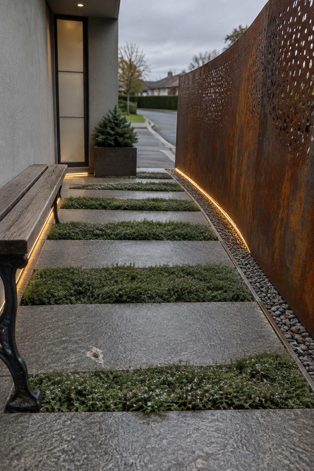 A narrow exterior path lined with large gray stone pavers separated by rectangular strips of grass, next to a perforated rusted metal screen and a wooden bench.