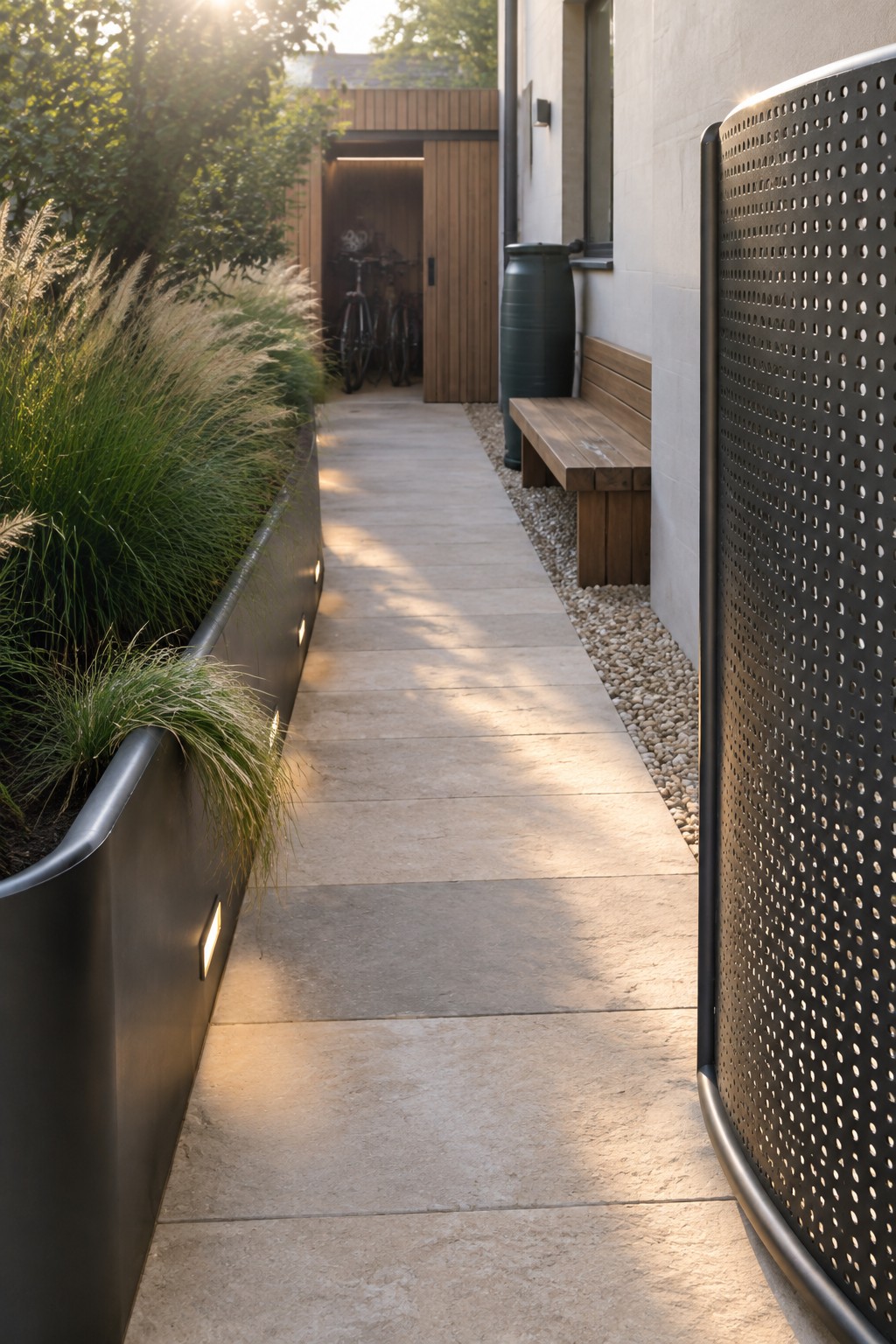 A narrow paved side path next to a house, bordered on the left by a long black planter with tall grasses and small inset lights, and on the right by a wooden bench and perforated metal screen.
