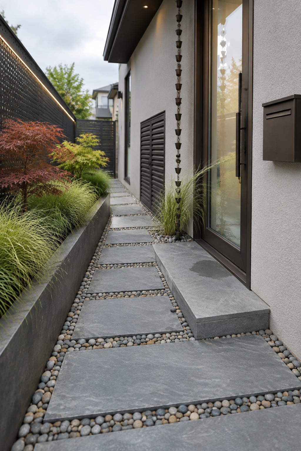 A narrow side pathway of large gray stone pavers bordered by small pebbles runs alongside a modern house with a glass door, rain chain, and adjacent planted bed.
