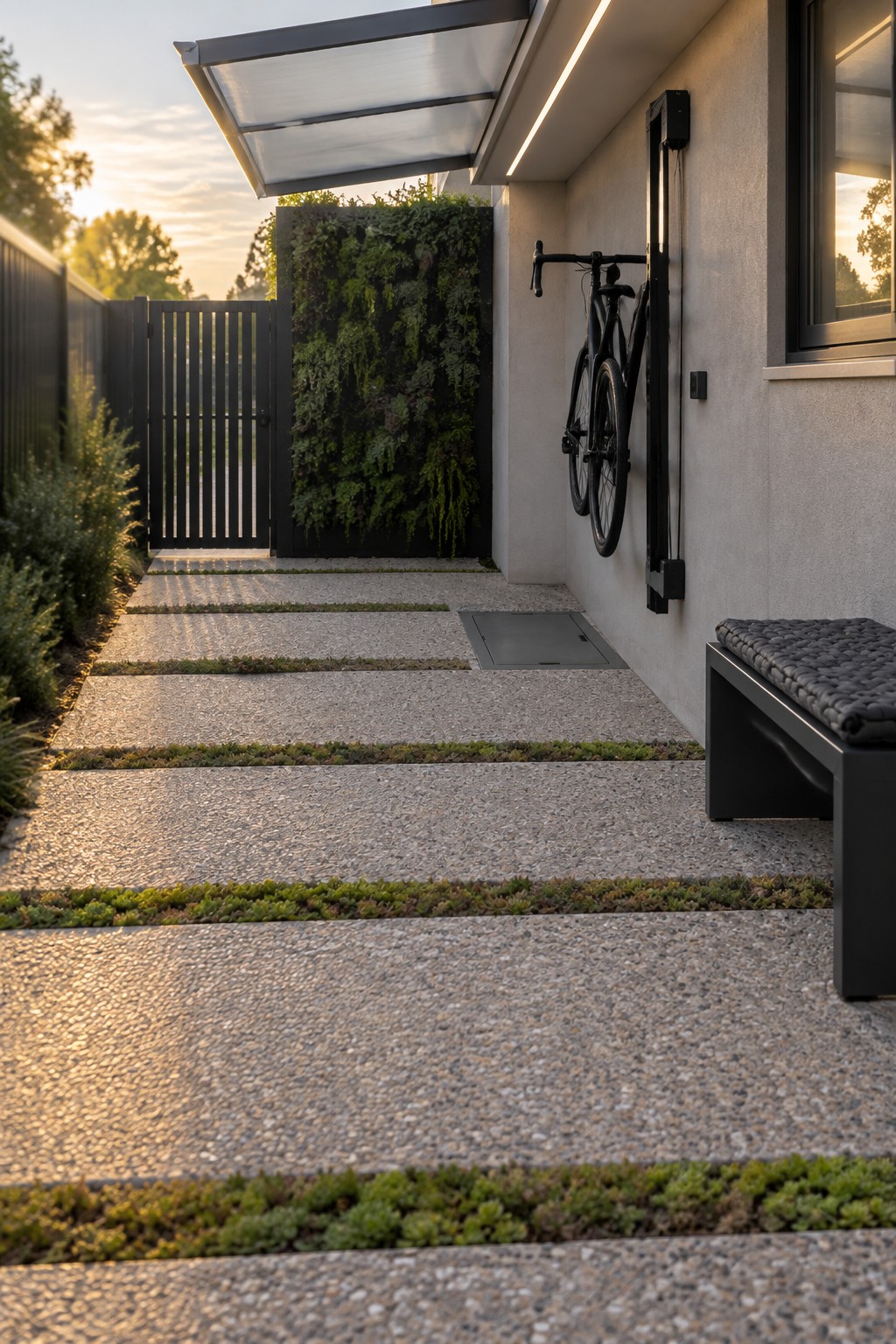Modern side driveway featuring large rectangular concrete pavers with narrow strips of low green and purple plants between them, leading to a black gate, with a bicycle mounted on the adjacent wall and a vertical garden panel visible in the background.
