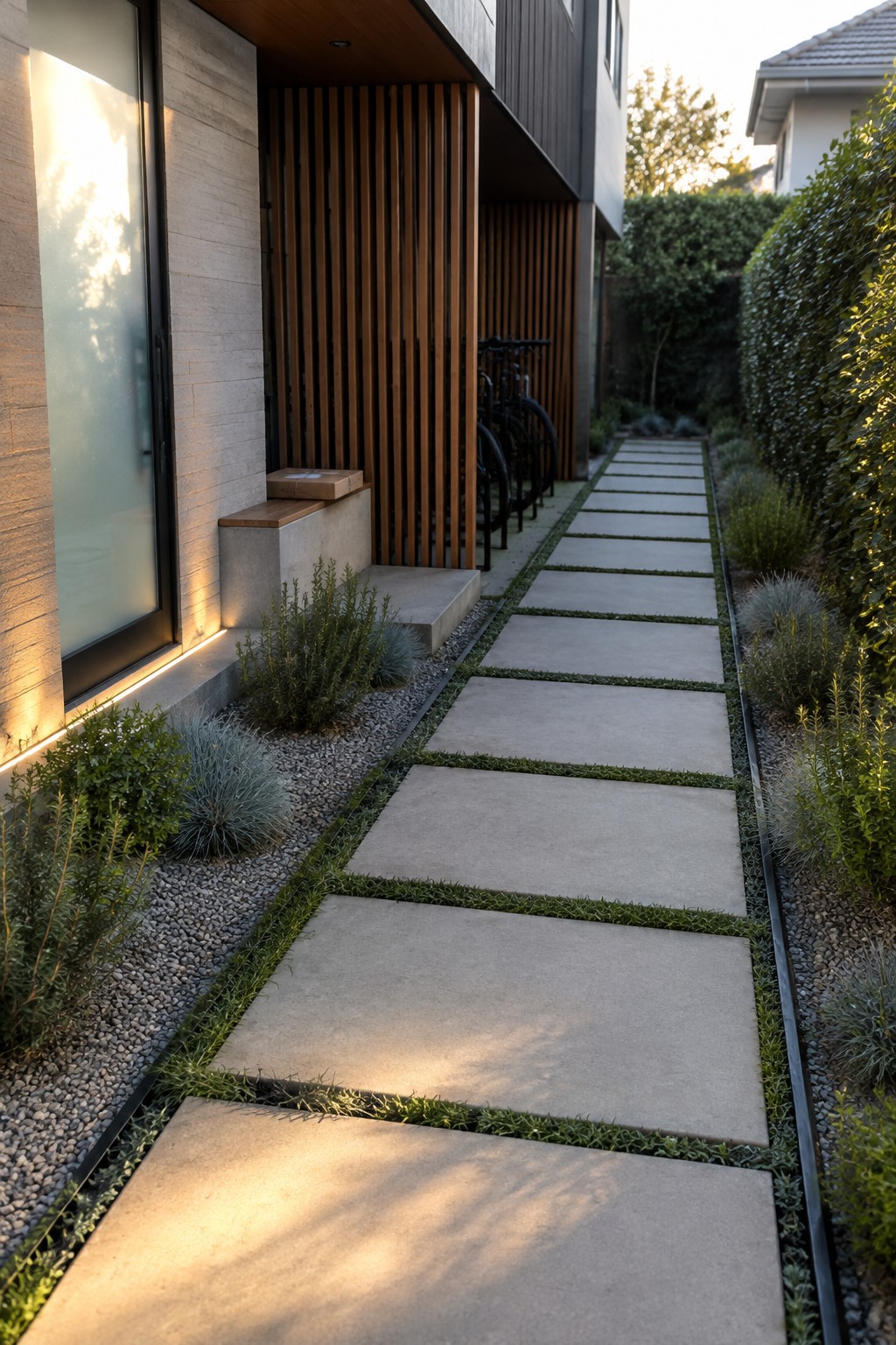 Modern concrete paver path beside house with wood slats, plants, and bicycles at dusk