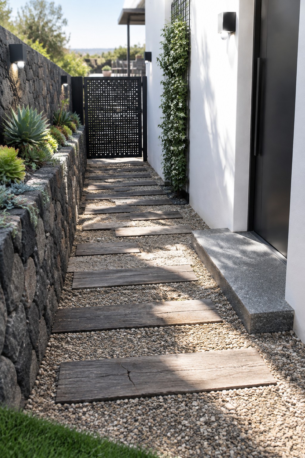 Narrow wooden plank path on gravel between stone wall and black door