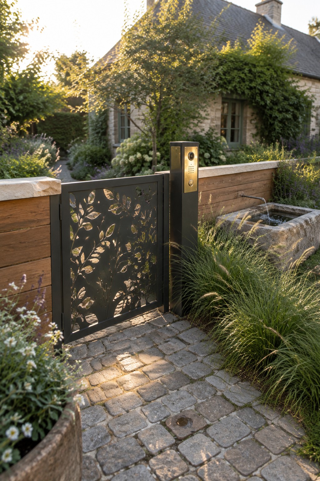 Black metal gate with leaf cutouts on cobblestone path beside stone fountain