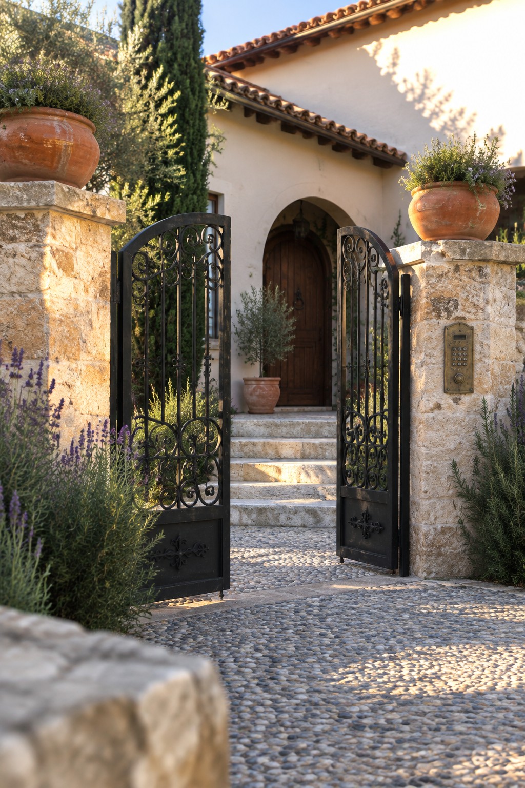 Open ornate black gates between stone pillars with lavender pots lead to villa steps