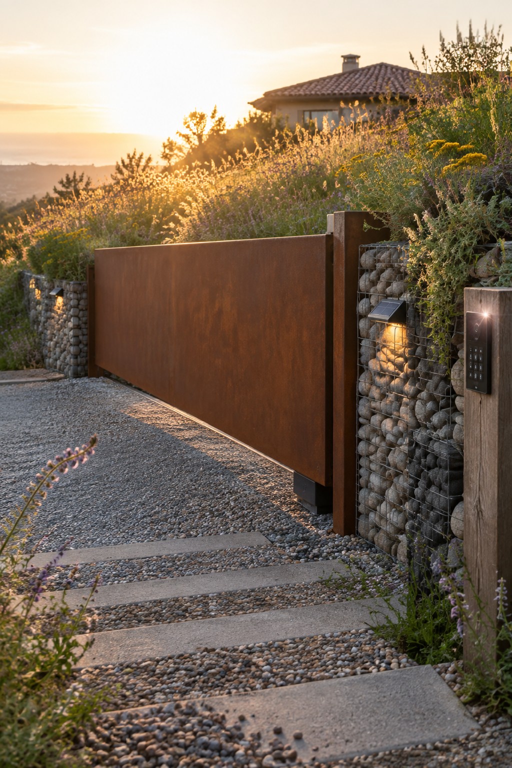 A rusted metal sliding driveway gate next to a gabion stone wall with a solar light and digital keypad mounted on a wooden post.