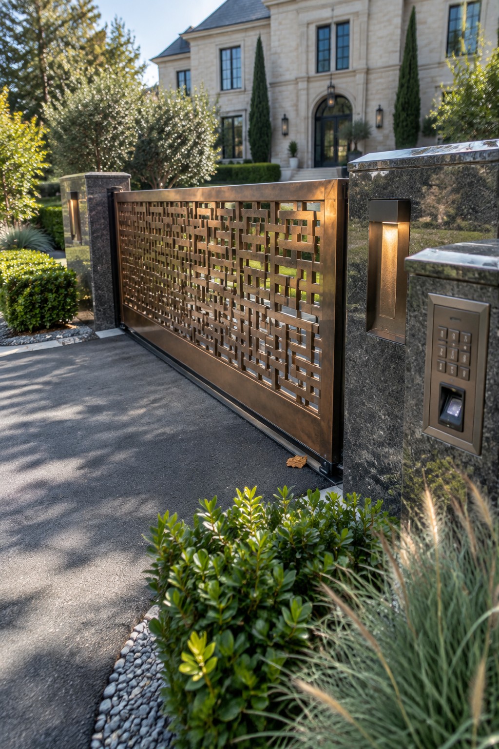 A bronze geometric-patterned metal driveway gate between dark stone pillars, with a keypad on the right pillar and a large stone house visible in the background.