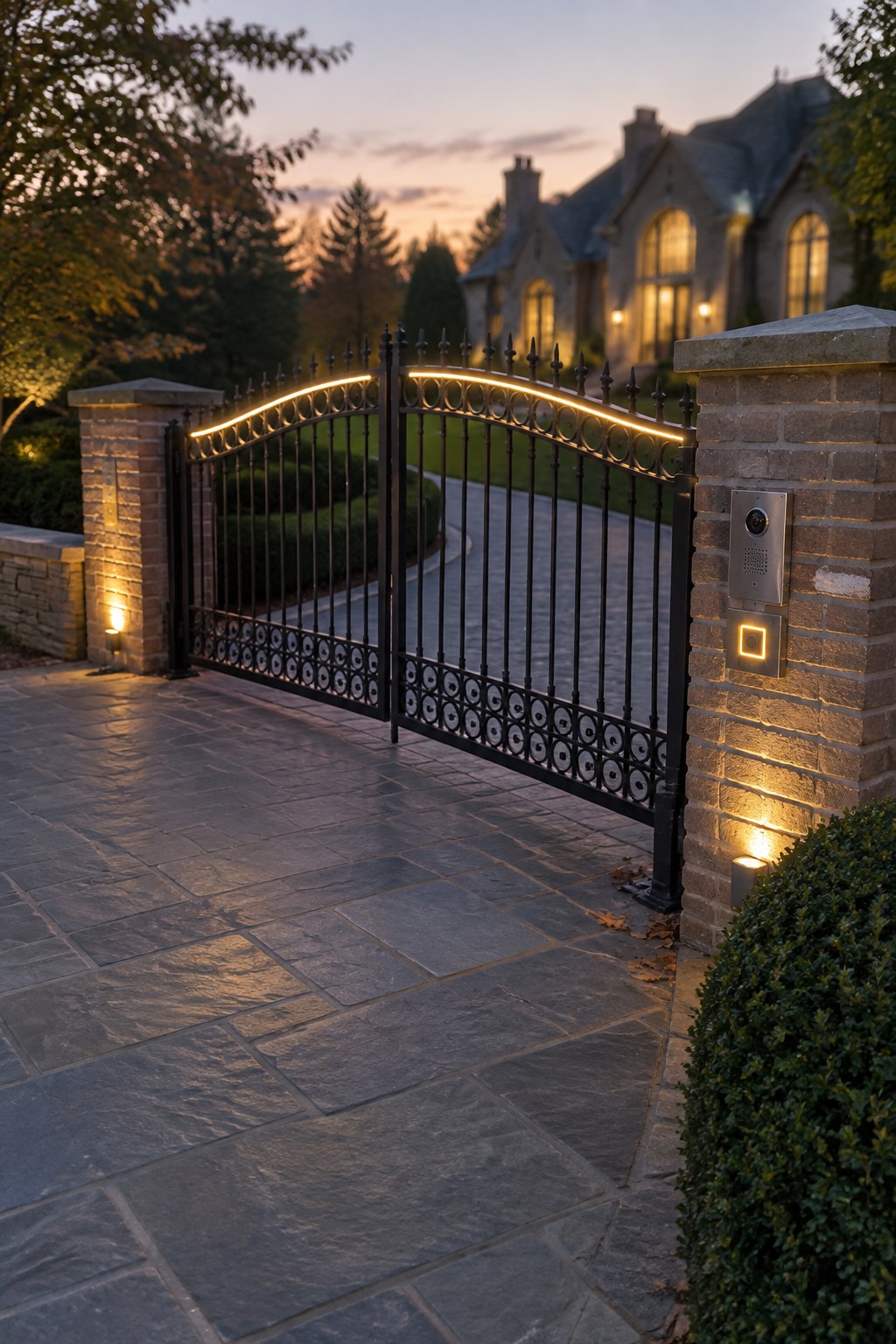 A black metal driveway gate with warm LED lights along the curved top, positioned between brick pillars with an intercom panel, on a stone driveway in front of a large stone house at dusk.