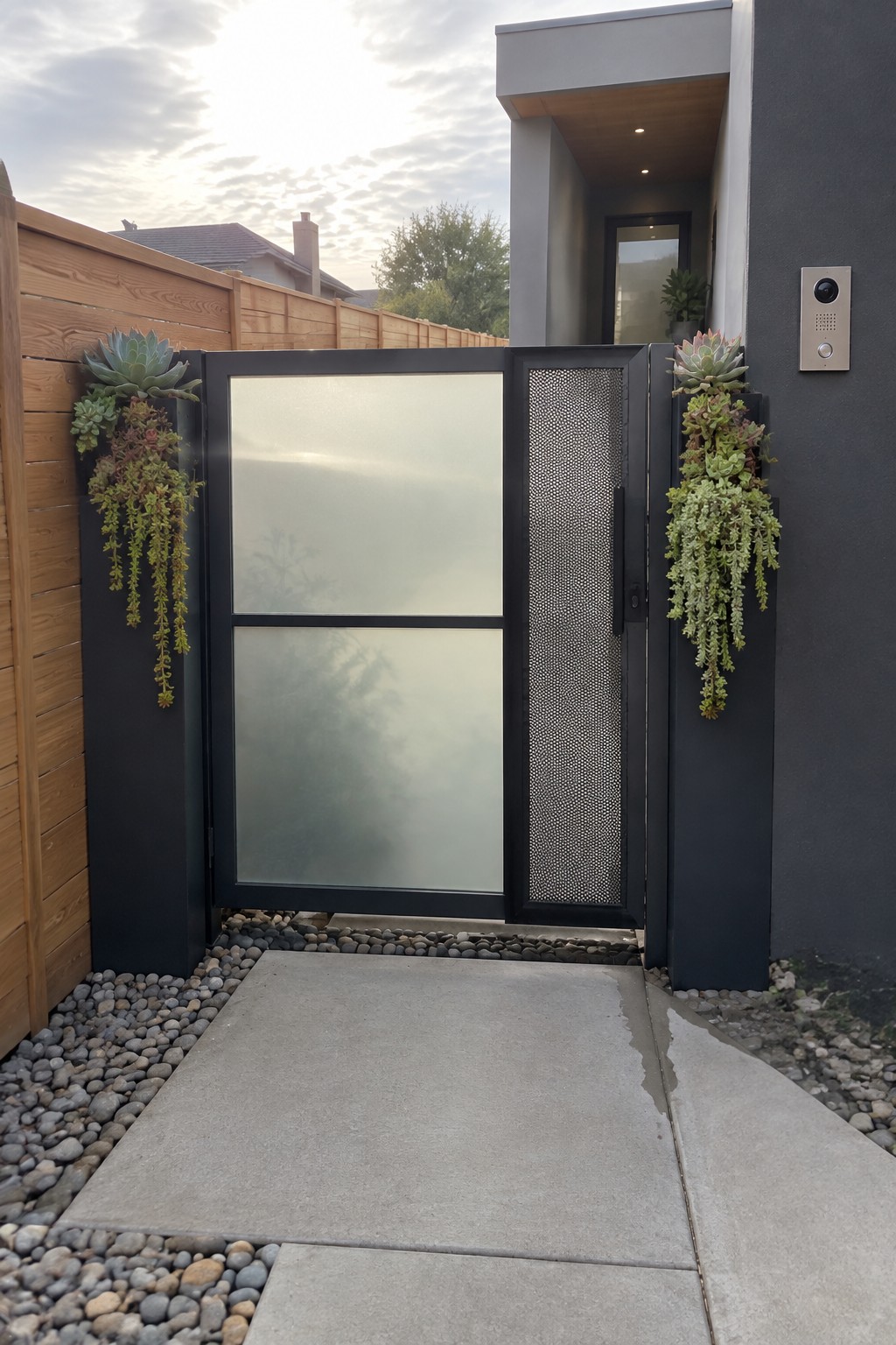 A modern black metal pedestrian gate with two frosted glass panels and a perforated metal section stands open between dark posts with hanging succulents, leading to a concrete path and contemporary house entry.