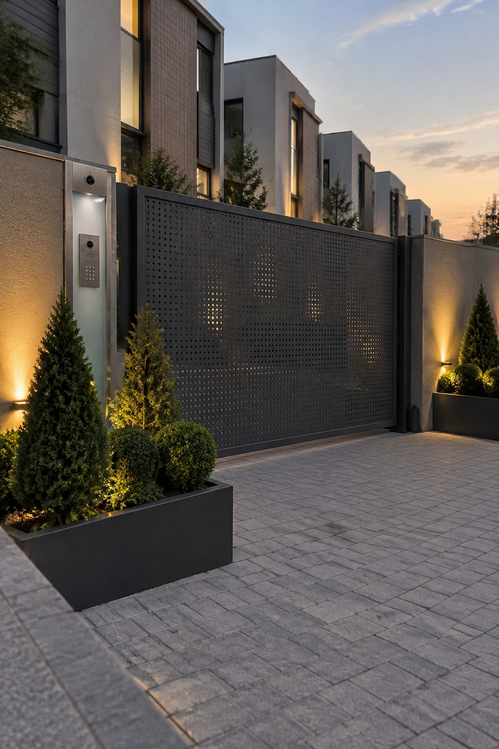 A modern dark perforated metal driveway gate beside a contemporary building, with an intercom panel on the left and planters with shrubs in the foreground.