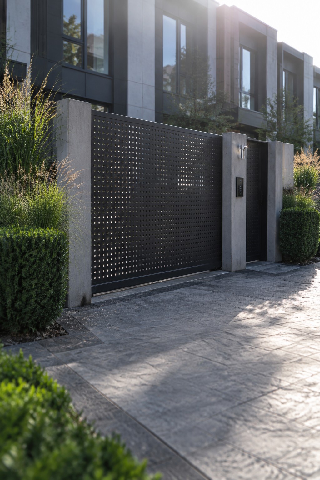Perforated black metal gate between concrete pillars at a modern building entrance with landscaping.