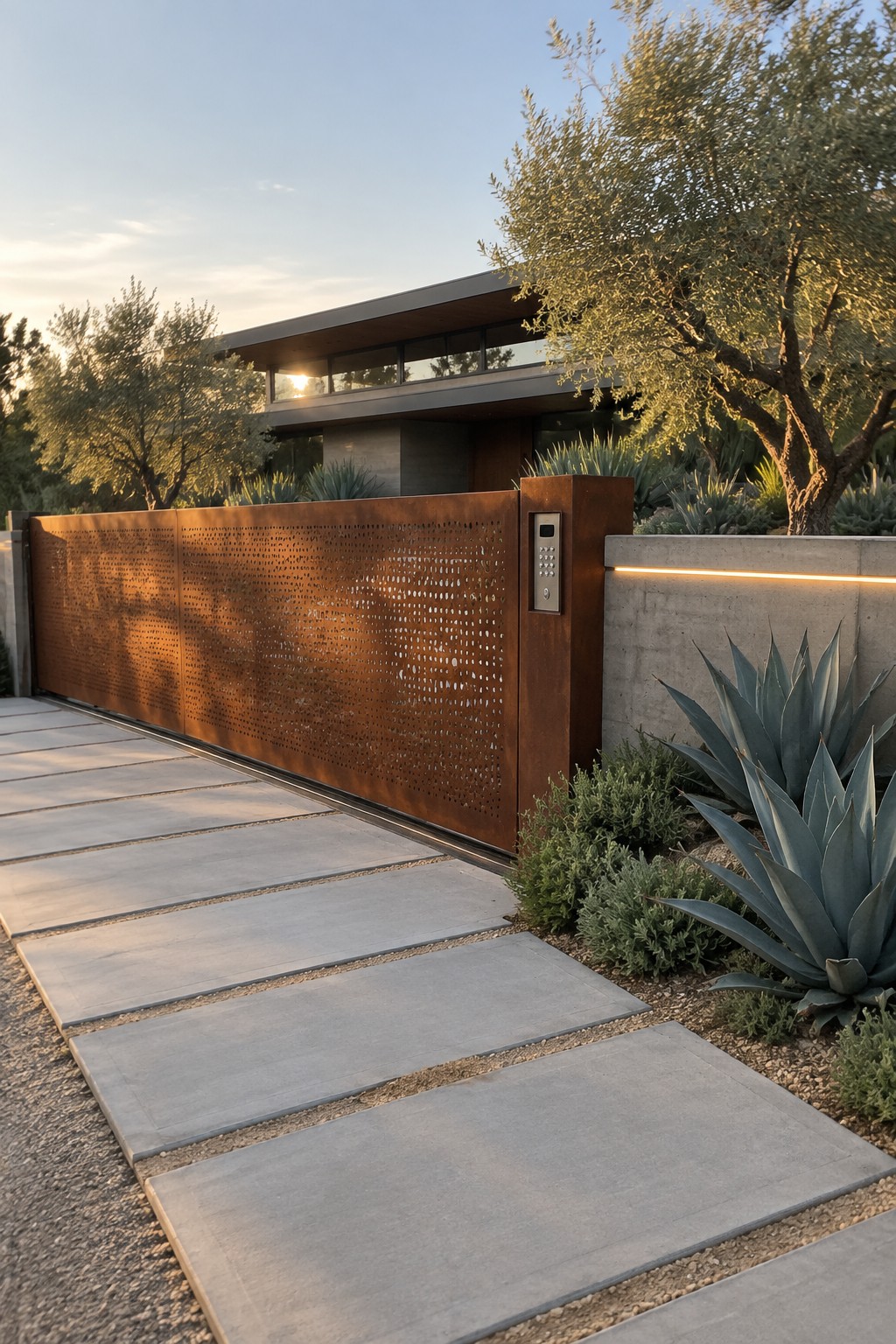 Modern house with rusted perforated metal gate, concrete path, and agave plants at sunset.