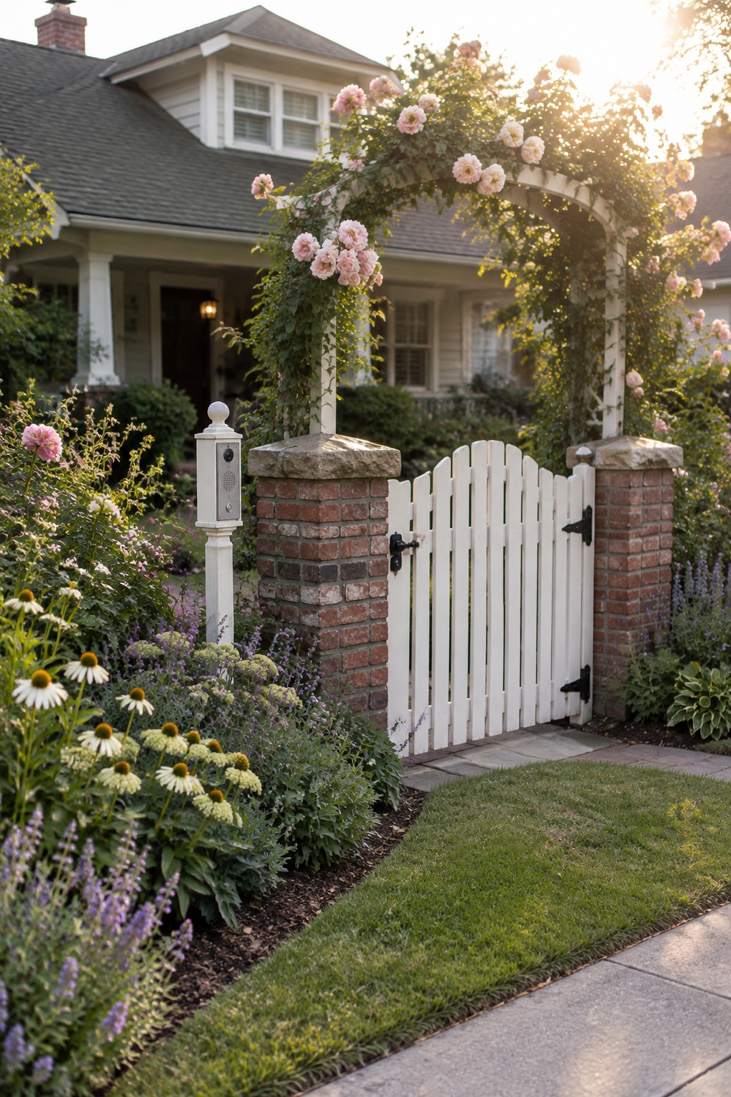 A white picket gate between brick pillars with a rose-covered arch overhead, a security intercom on a post to the left, and landscaping in the foreground.
