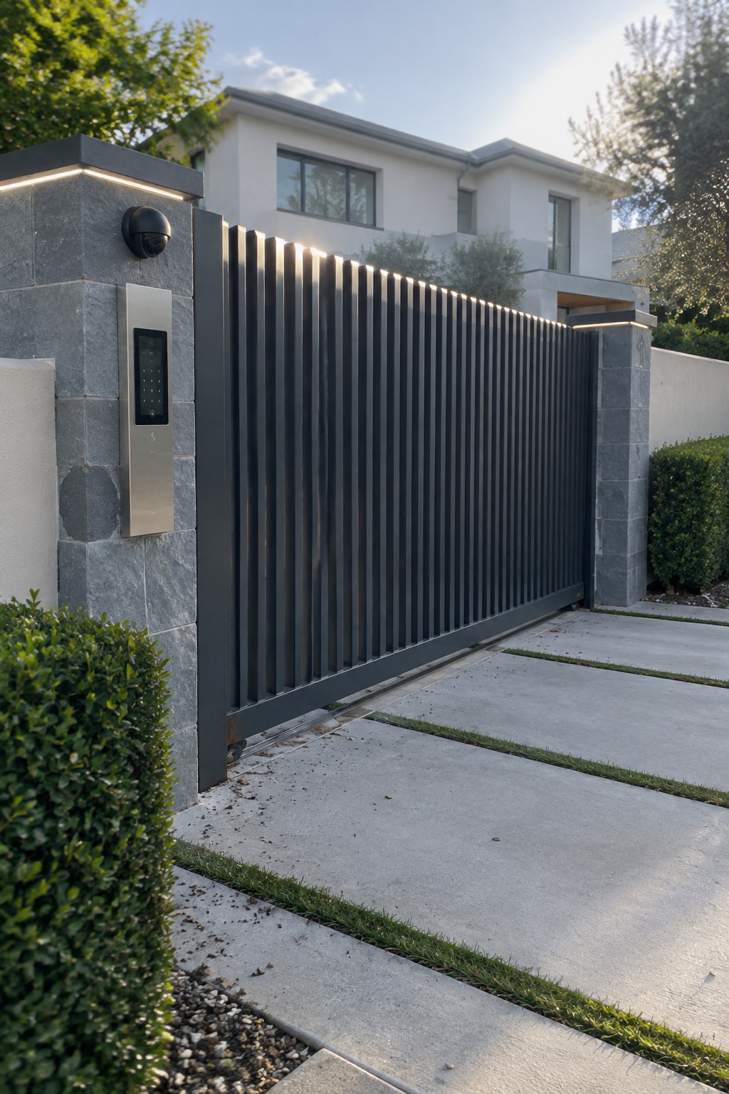 A modern dark vertical slat electric driveway gate installed between gray stone pillars, with integrated lighting on the pillars and a stainless steel keypad panel on the left side.