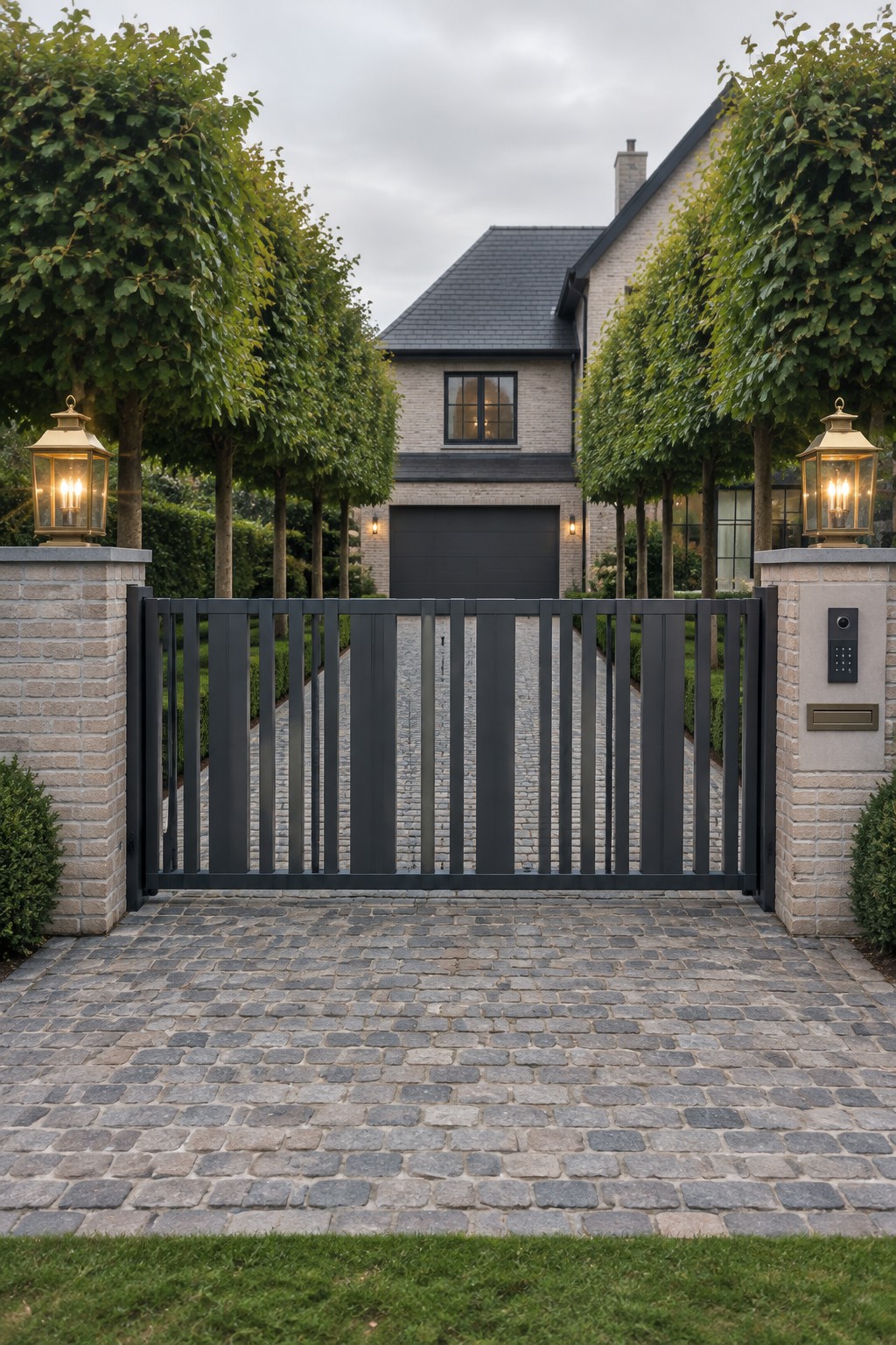 A dark vertical slat metal driveway gate between stone pillars with lanterns on a cobblestone driveway in front of a brick house.